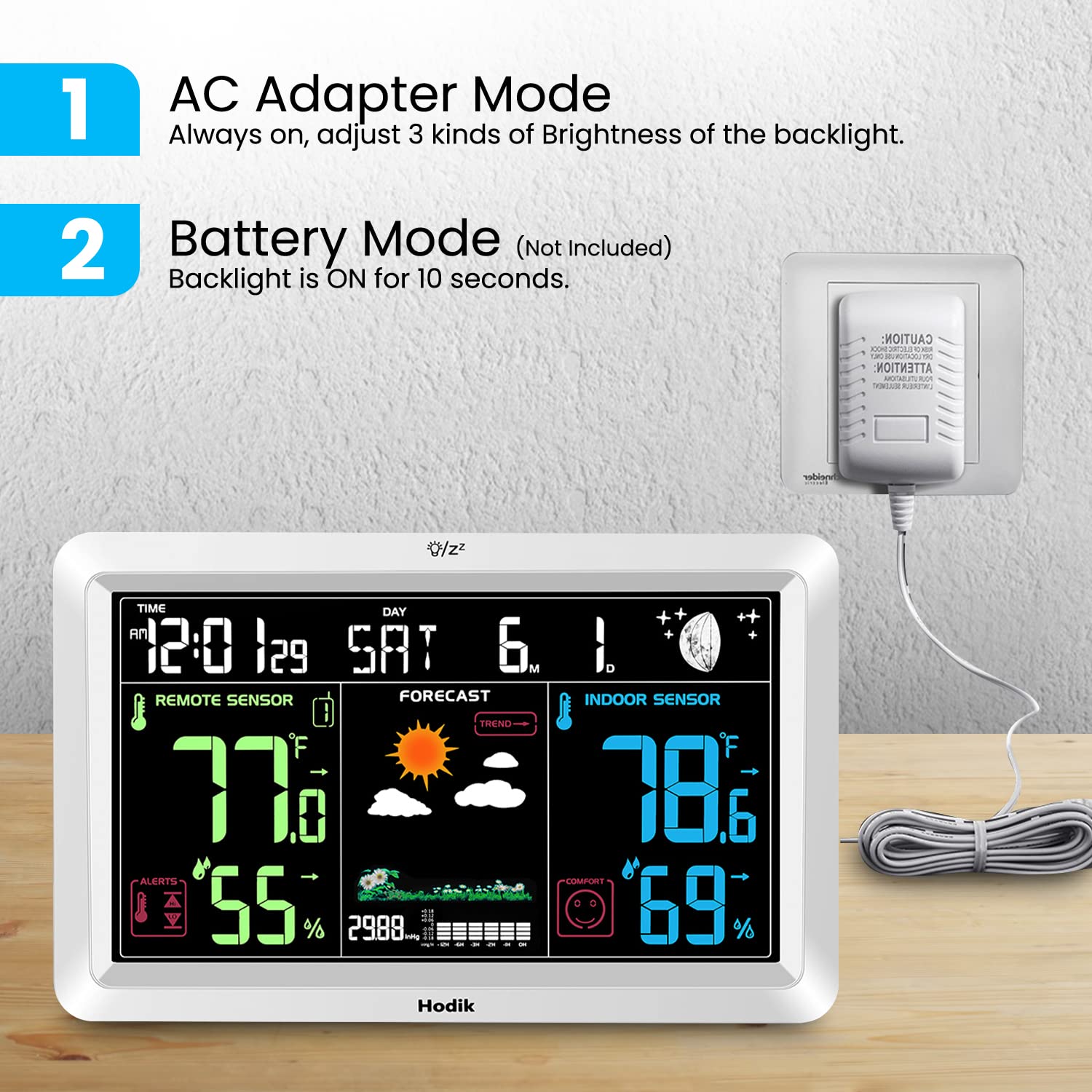 HODIK backlit display powered by AC adapter for easy viewing at night.