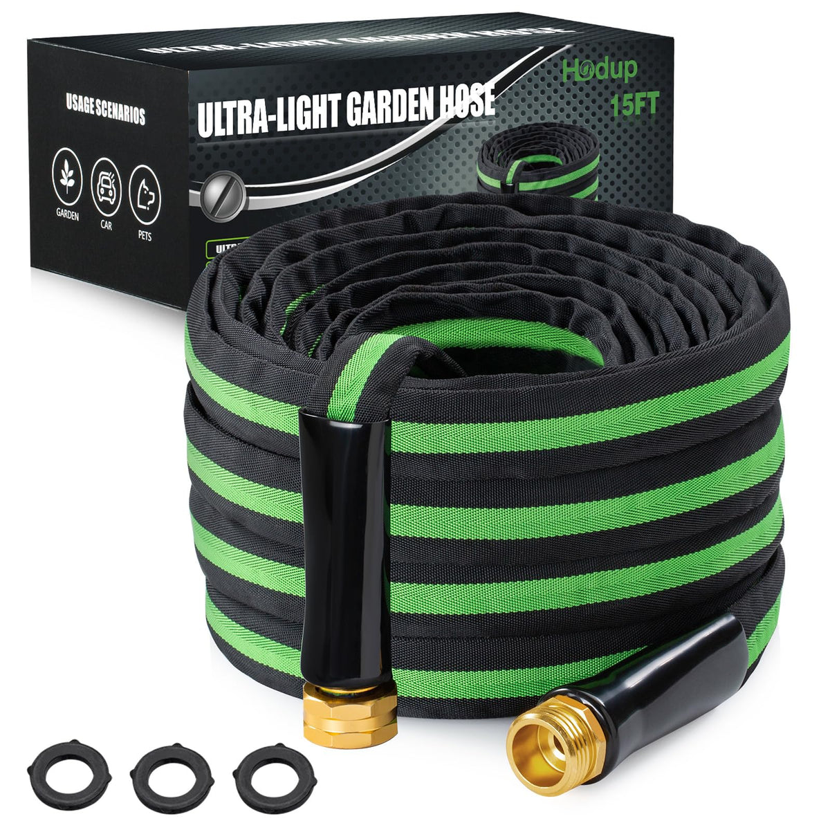 HODUP 15ft lightweight garden hose coiled on grass for easy portability.