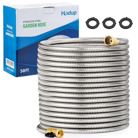 HODUP 50ft steel garden hose coiled, showing durable and kink-free design