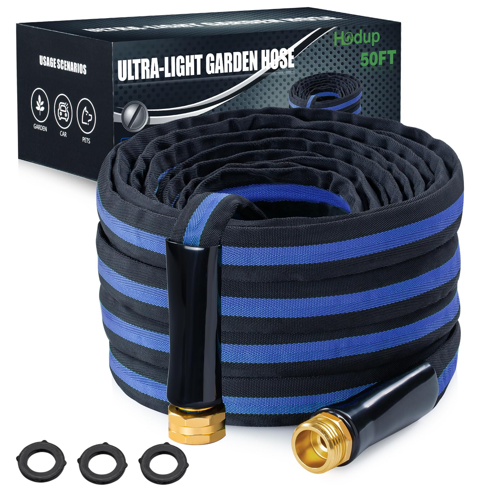 HODUP ultra lightweight 50ft garden hose coiled for easy transport and storage