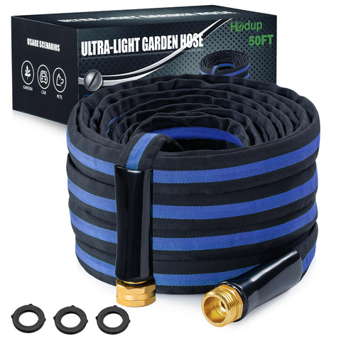 HODUP ultra lightweight 50ft garden hose coiled for easy transport and storage