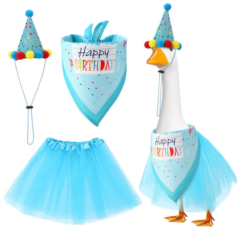 Hoemwarm birthday goose hat blue on a lawn goose for festive porch decor.