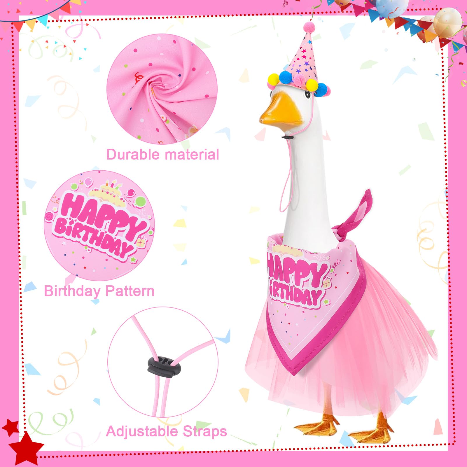 Cake-print bandana adds playful birthday vibe to lawn goose.