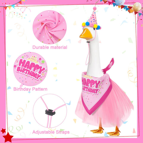 Cake-print bandana adds playful birthday vibe to lawn goose.