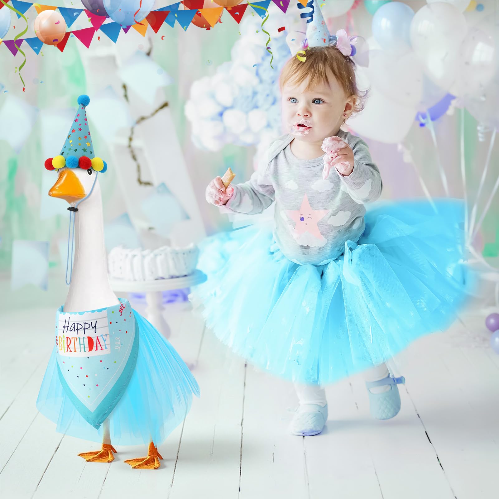 Hoemwarm birthday goose outfit on lawn goose blue boosts porch appeal.