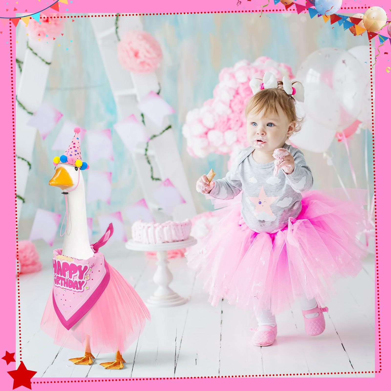 Lace tutu skirt complements the blue outfit.