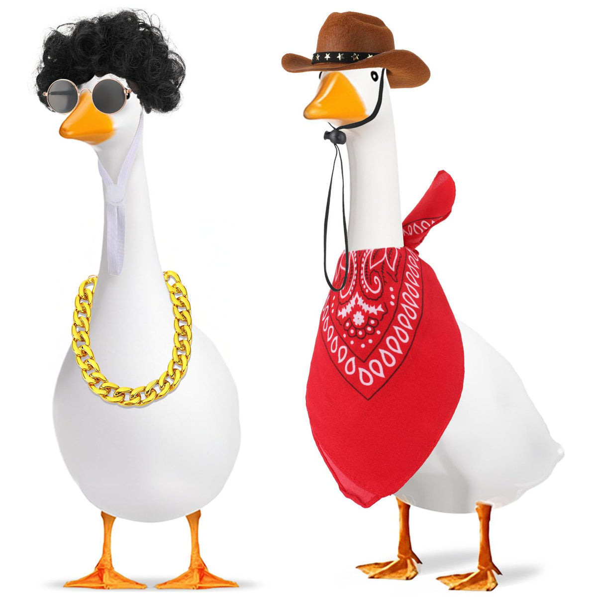 Hoemwarm cowboy goose costume with gold chain enhances outdoor statue display