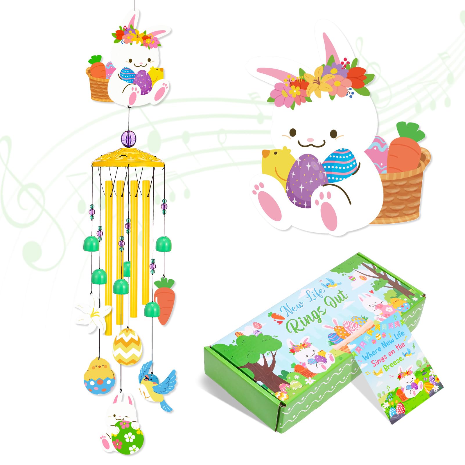 Hoemwarm Easter wind chime bunny pattern on yellow finish adds cheerful porch ambience.