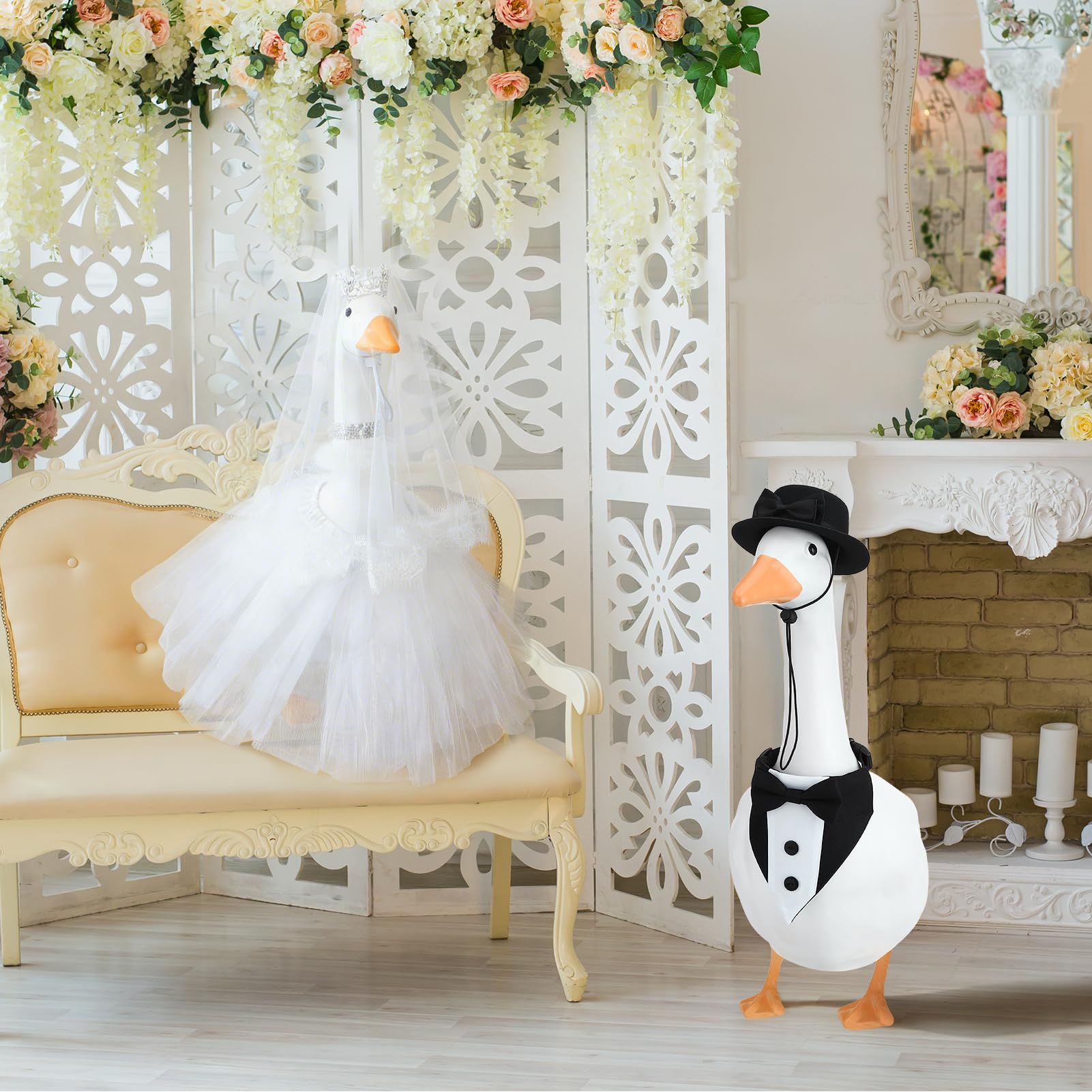 Hoemwarm porch-set goose costume details ideal for garden weddings.