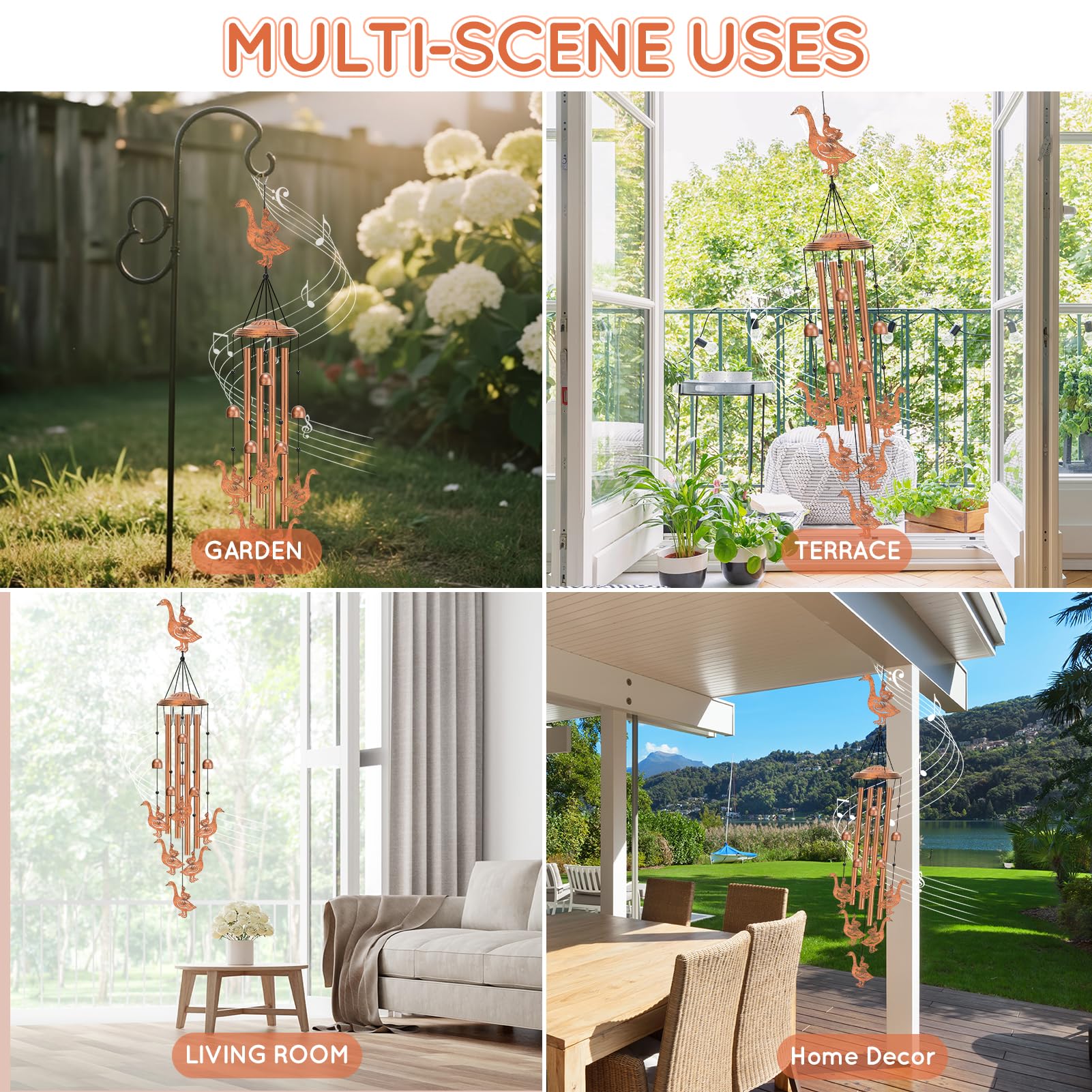 Hoemwarm goose windchime hanging on a patio for graceful breeze melody.