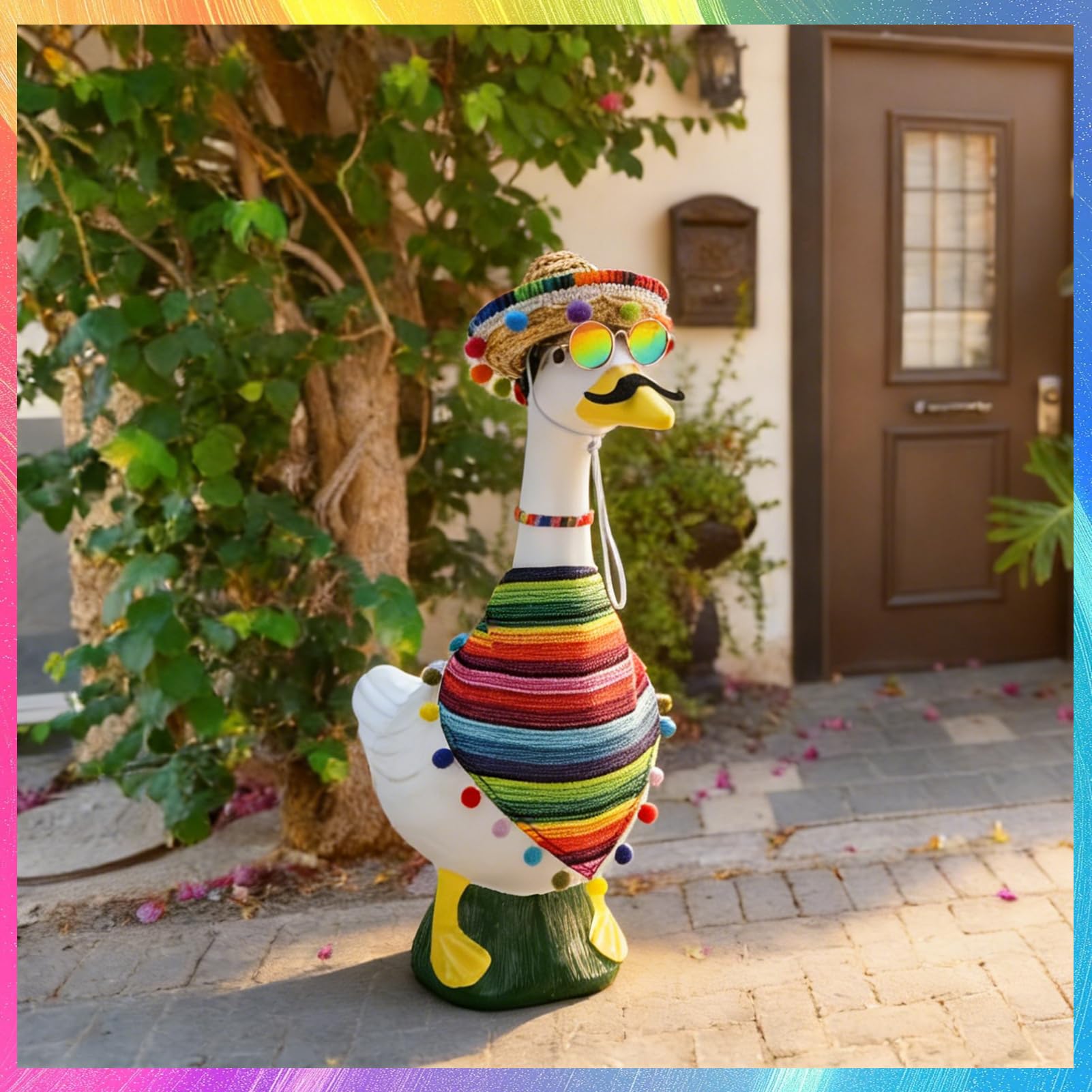 Hoemwarm necklace adds Cinco de Mayo charm to yard geese.