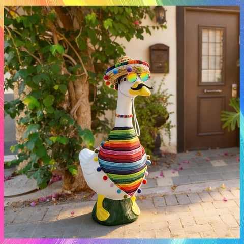 Hoemwarm necklace adds Cinco de Mayo charm to yard geese.