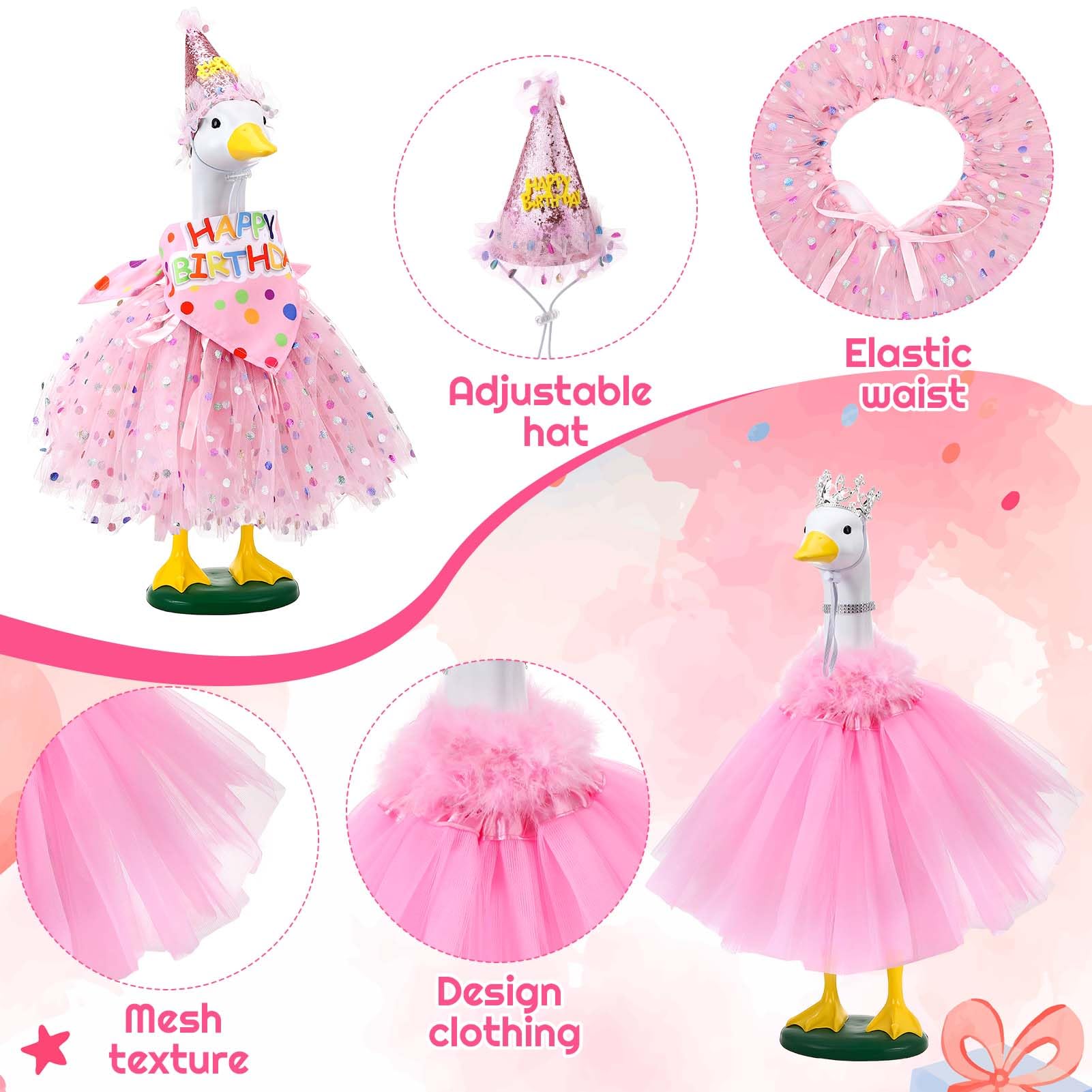 Pink tutu skirt with feather trim adds festive charm to cement geese.