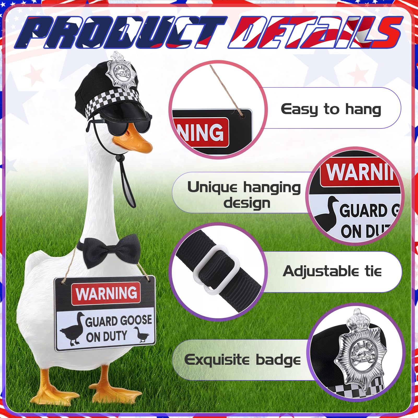 Hoemwarm police goose eyeglasses bring humorous character to outdoor statues.