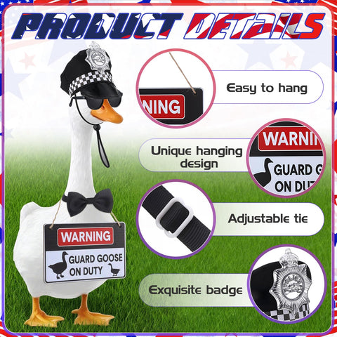 Hoemwarm police goose eyeglasses bring humorous character to outdoor statues.
