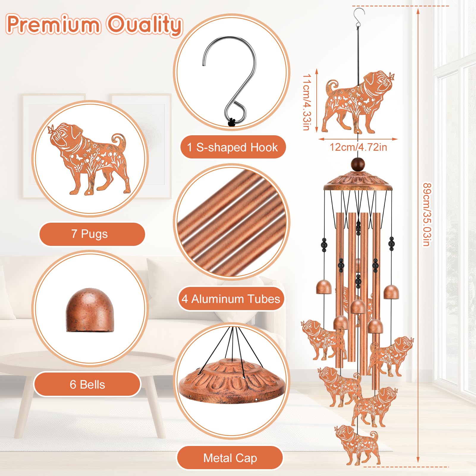 Hoemwarm pug wind chimes featuring six bells and four tubes