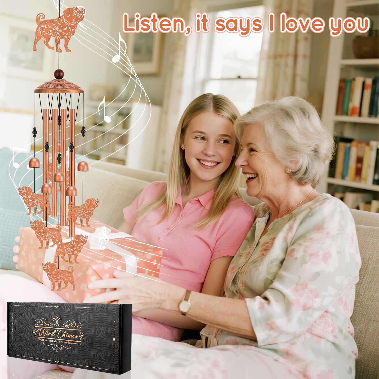 Gift box presentation ready Hoemwarm pug wind chimes