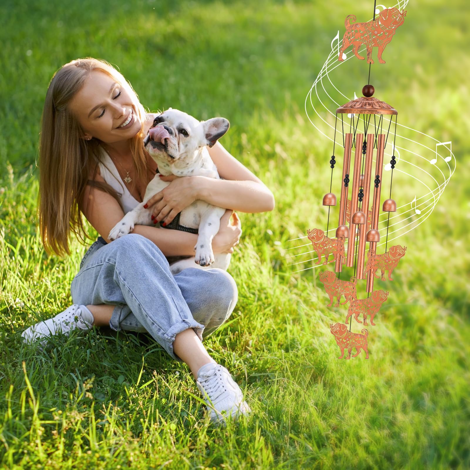 Hoemwarm pug wind chimes hanging in garden setting