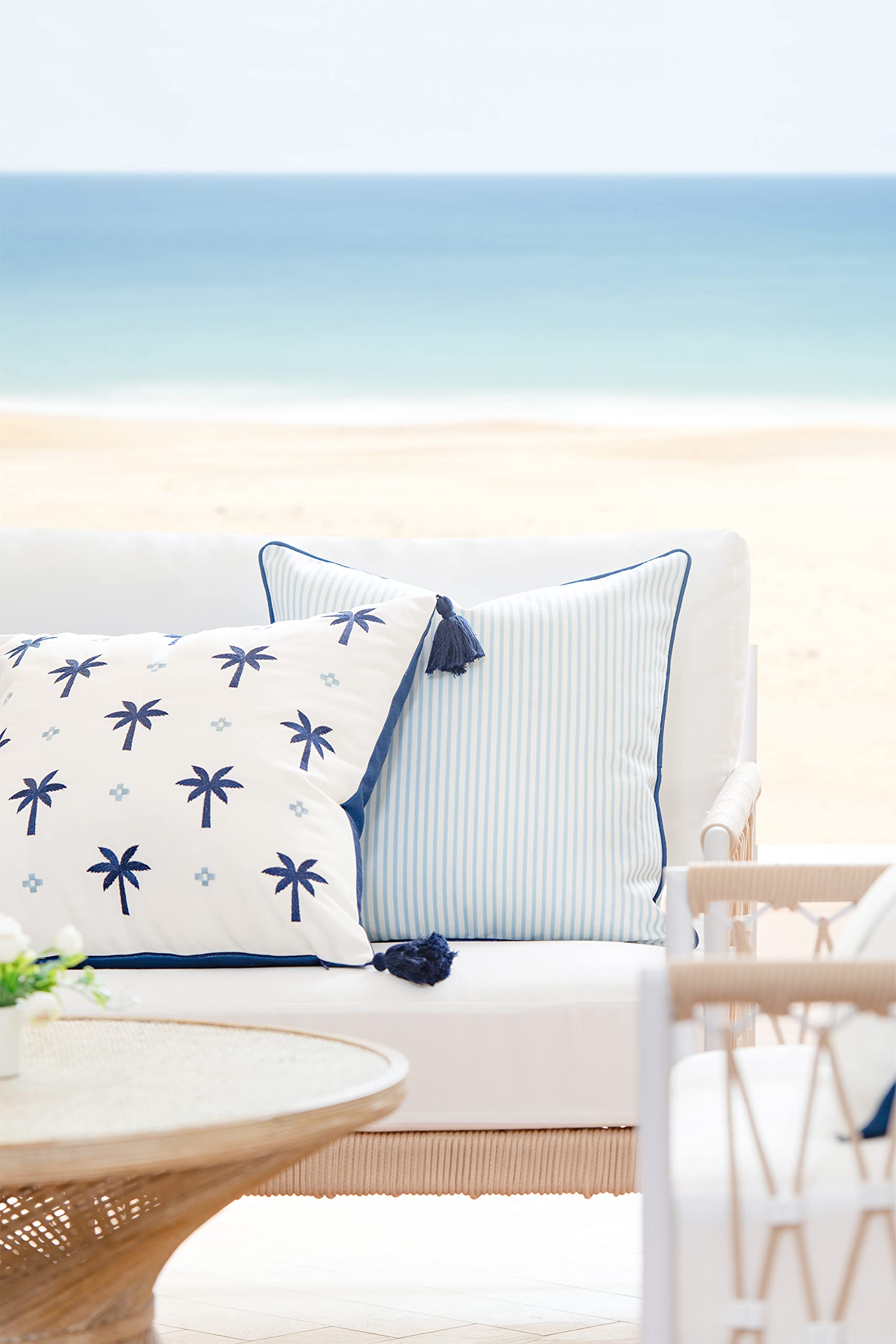 Hofdeco Premium Coastal blue stripe cover back view complements sofas and patios