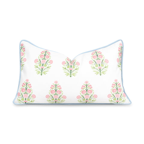 Hofdeco Premium coastal lumbar cover with pink-green floral pattern, ideal for indoor-outdoor comfort.