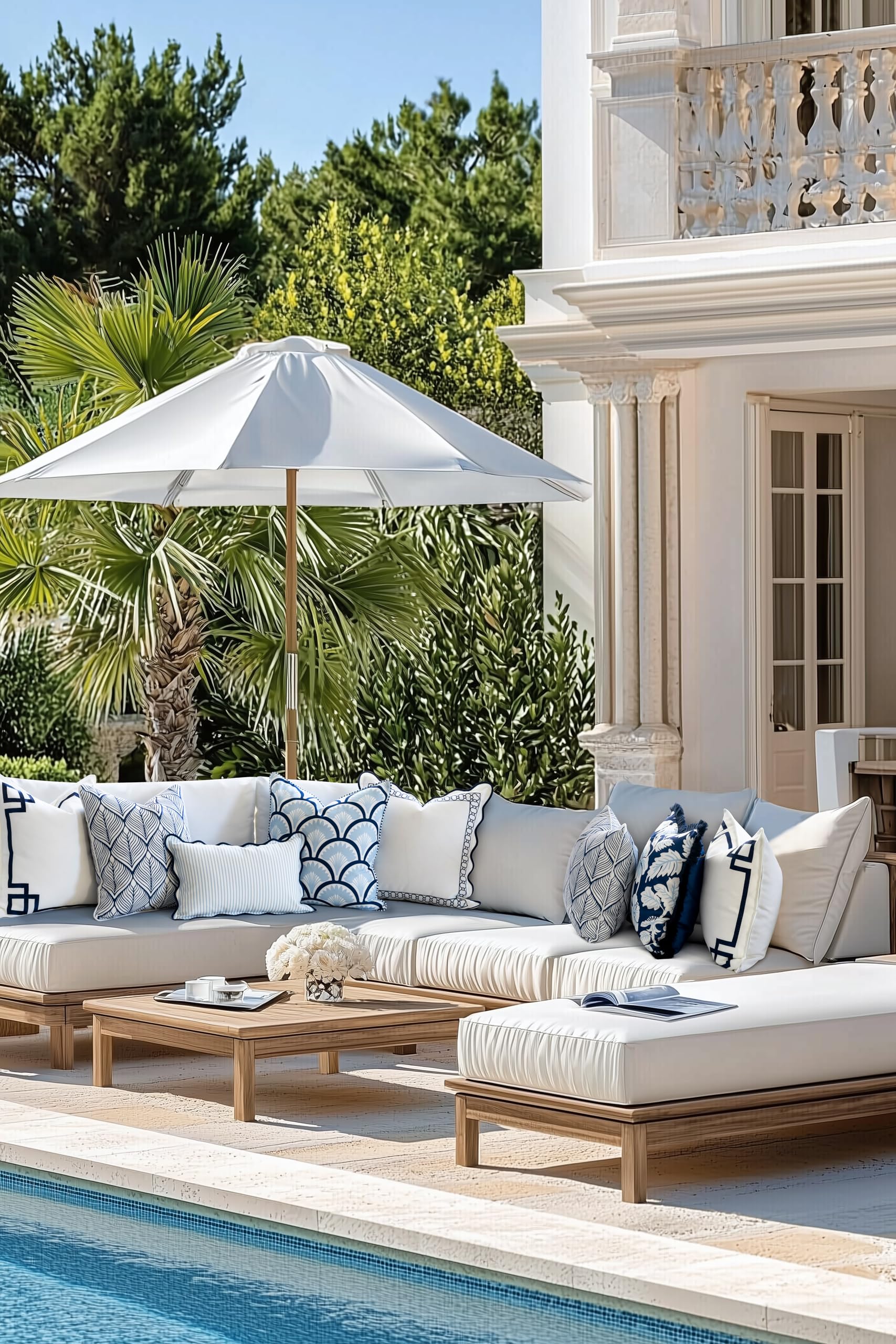 Weather-resistant fabric of Hofdeco Premium lumbar cover with scalloped edge detail.