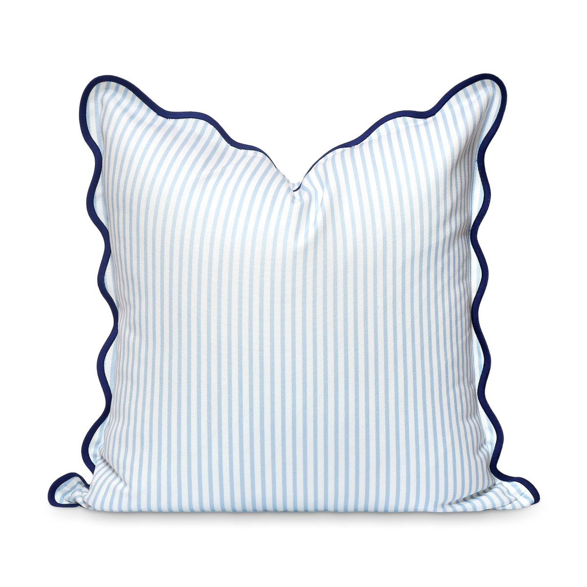 Hofdeco Premium coastal pillow cover front view shows baby blue stripes and navy scalloped edge