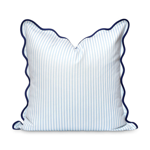 Hofdeco Premium coastal pillow cover front view shows baby blue stripes and navy scalloped edge