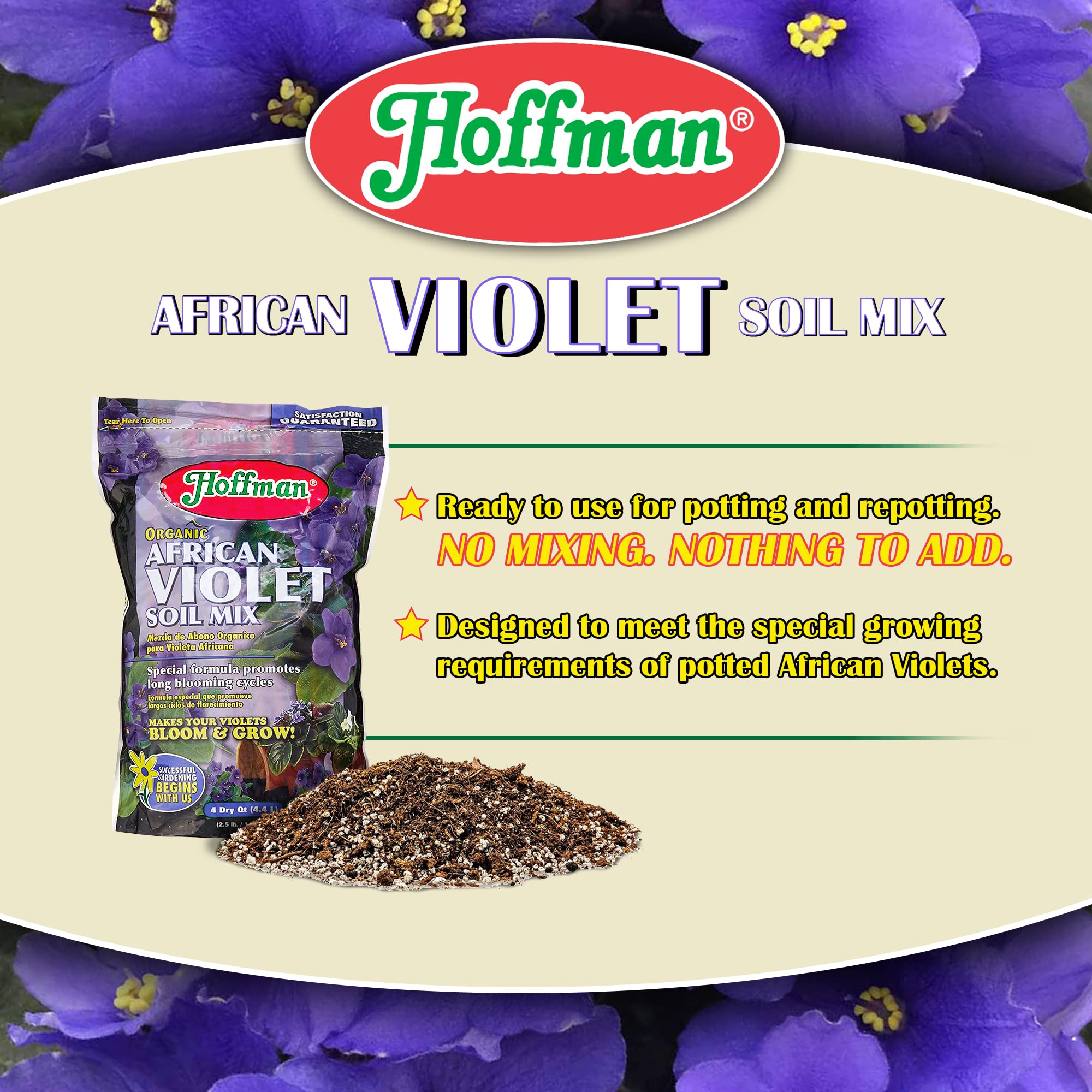 Hoffman 10301 soil mix close-up reveals loose texture ideal for violet foliage.