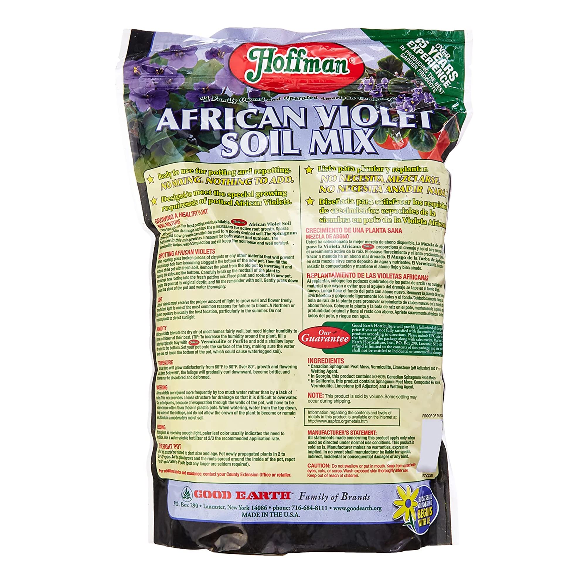 Hoffman 10301 soil mix in a pot demonstrates easy violet setup.