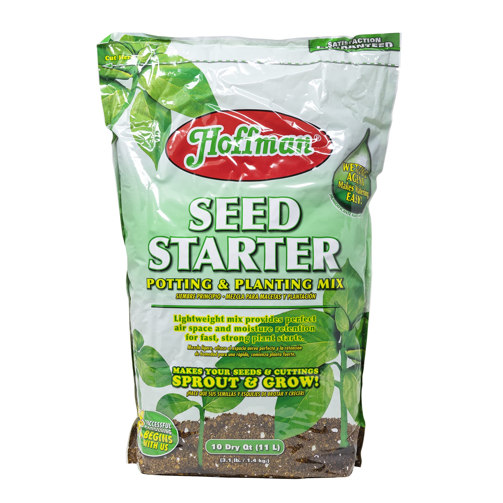 Hoffman Seed Starter Soil bag highlights its light, airy texture for easy germination.