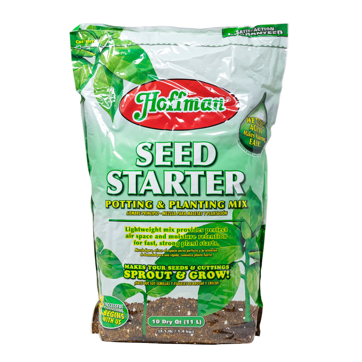 Hoffman Seed Starter Soil bag highlights its light, airy texture for easy germination.
