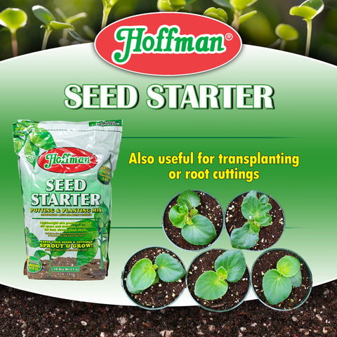 Hoffman Seed Starter Soil blend shot highlights six-component mix for thriving seedlings.