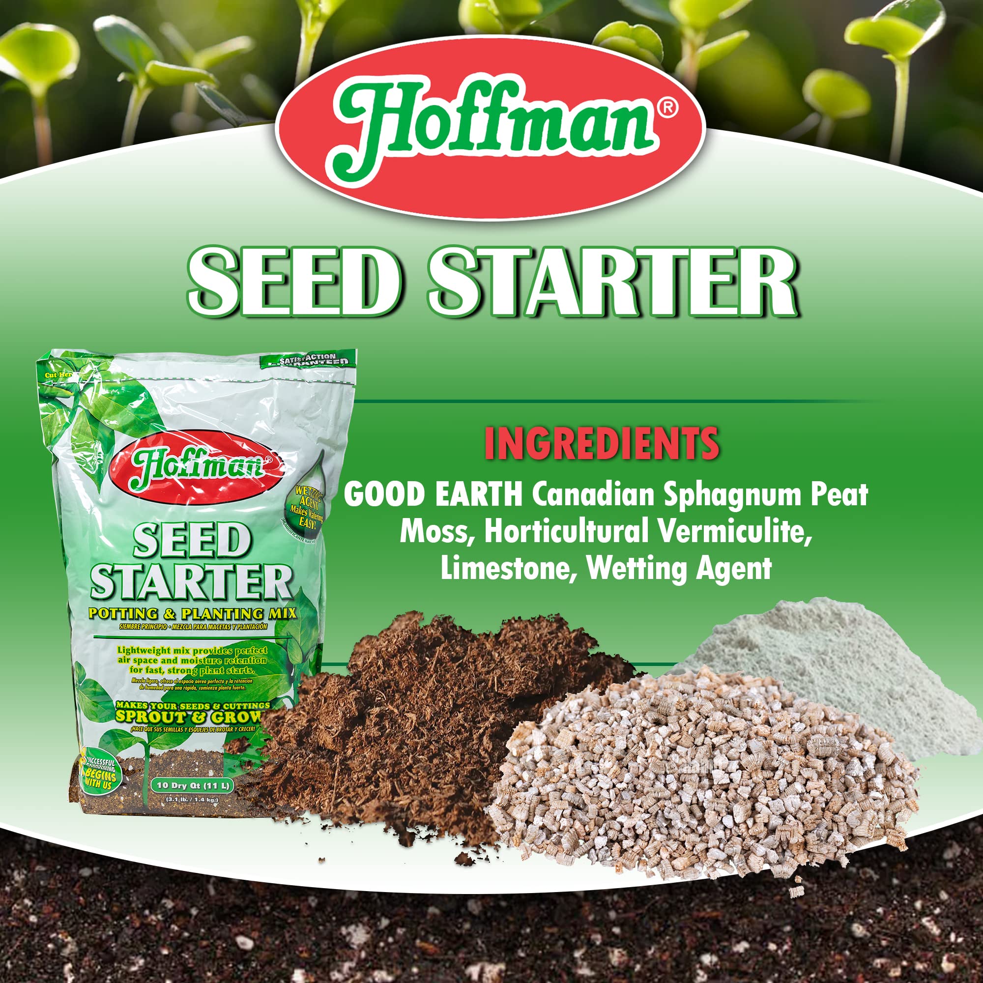Hoffman Seed Starter Soil transplant use image suggests versatile transplanting options.