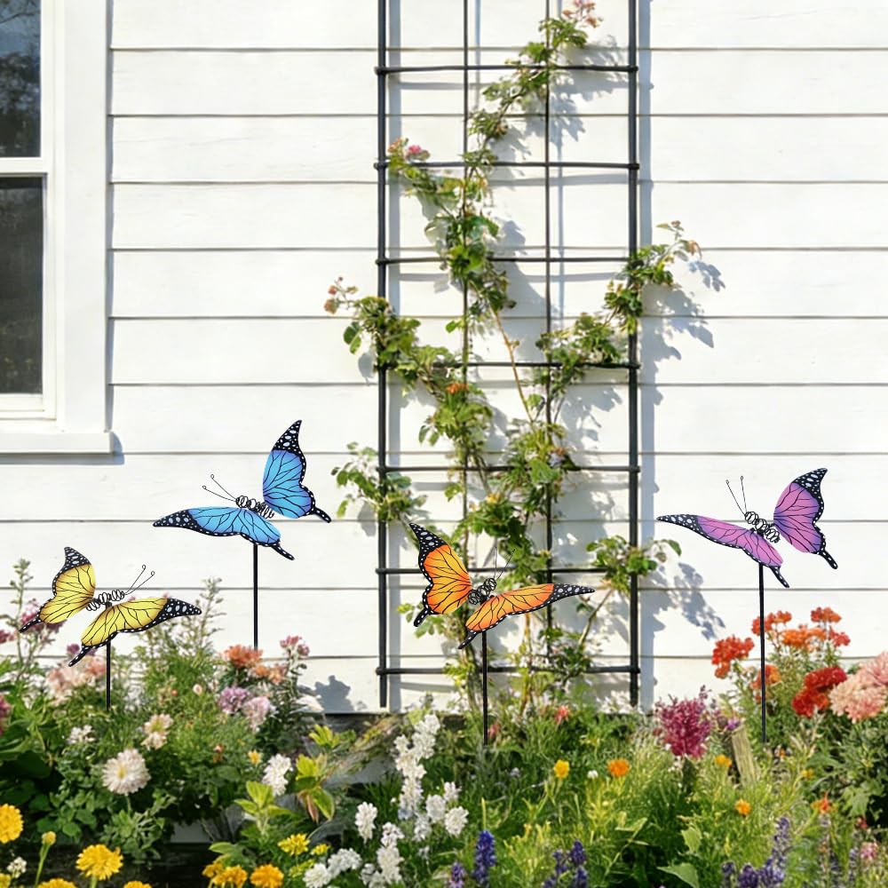 hogardeck butterfly stake installed in a garden bed for instant charm
