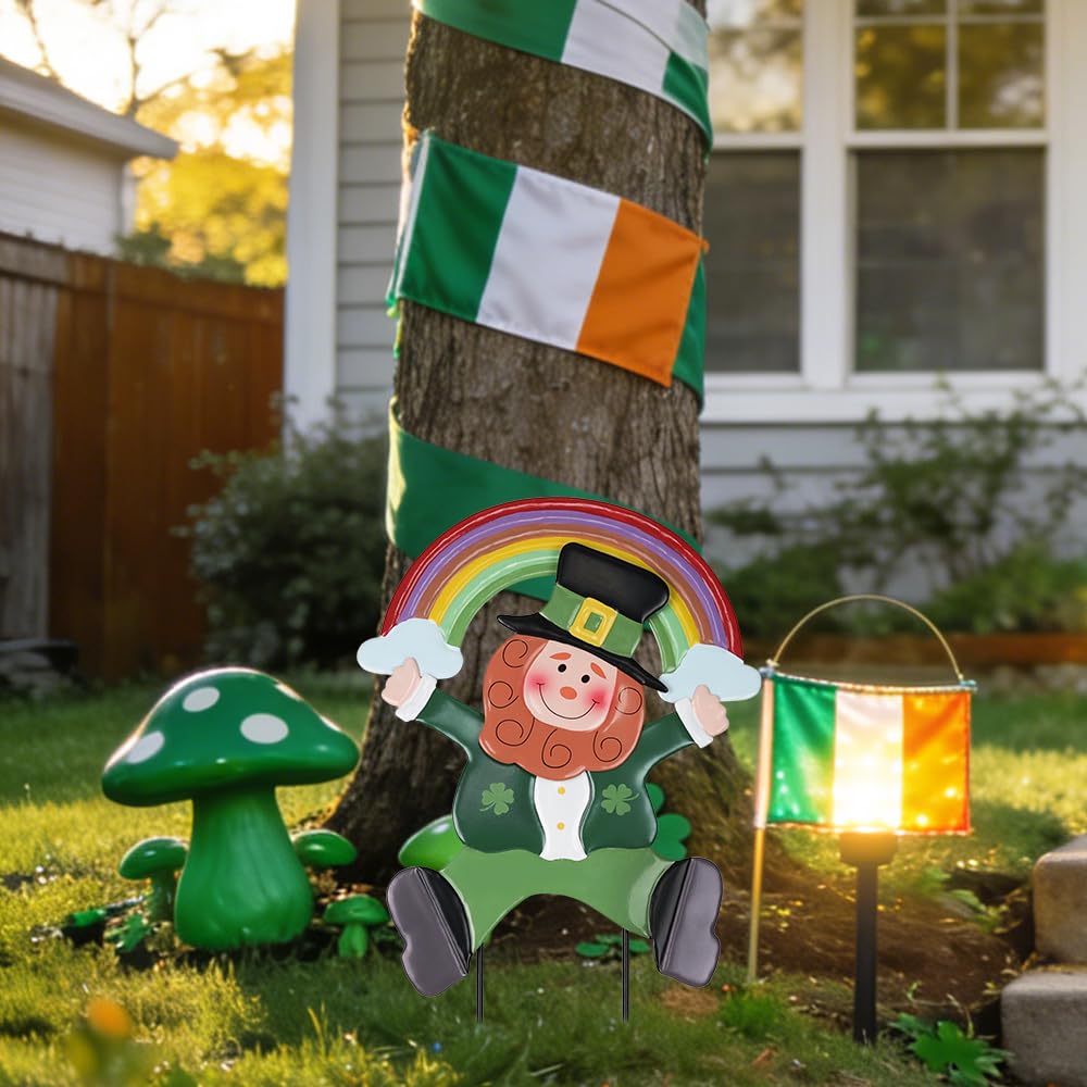 hogardeck cute leprechaun rainbow stake for planters adds whimsy to patios and lawns