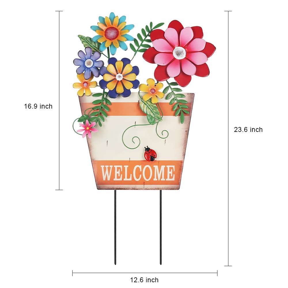 hogardeck iron flower stake spring decor with colorful blooms and ladybugs.