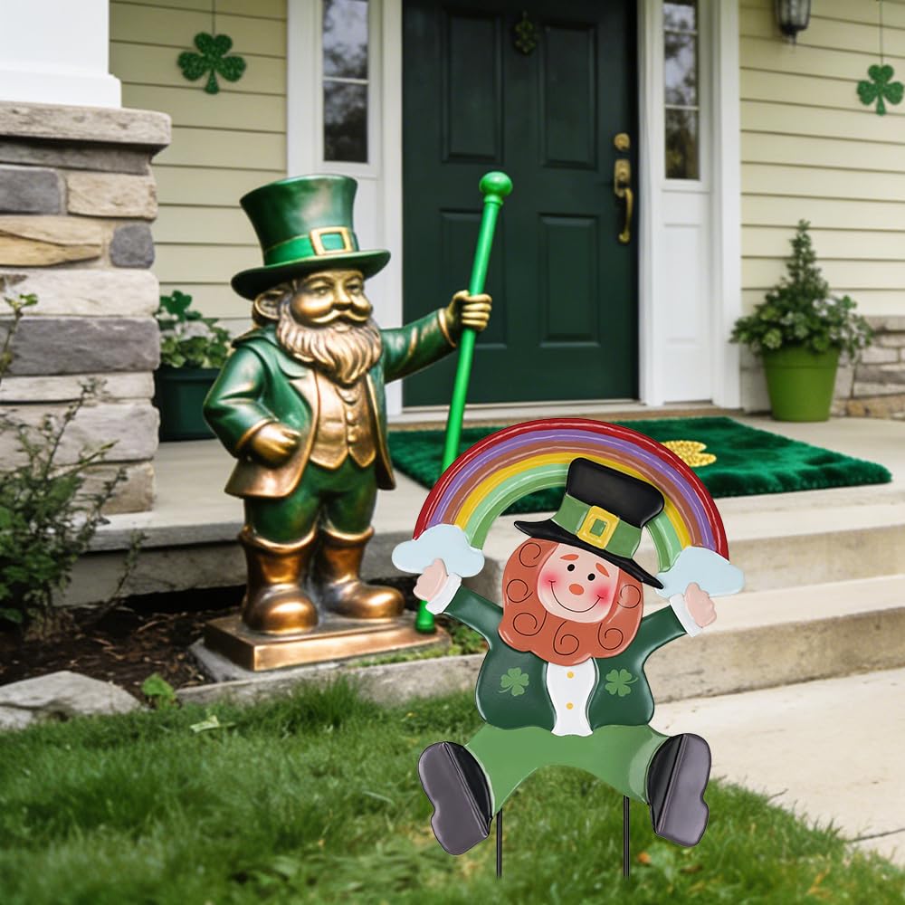 hogardeck leprechaun rainbow yard sign creates eye-catching color in planters and beds