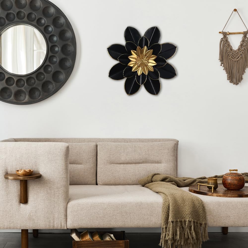 hogardeck metal flower wall art enhances living room decor with a versatile boho-modern vibe