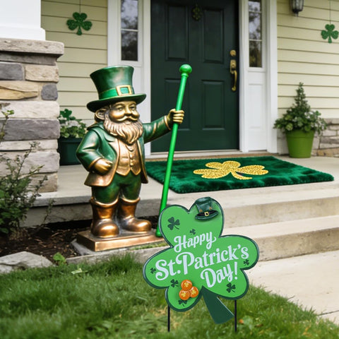 hogardeck shamrock stake with leprechaun hat adds festive outdoor charm to planters.