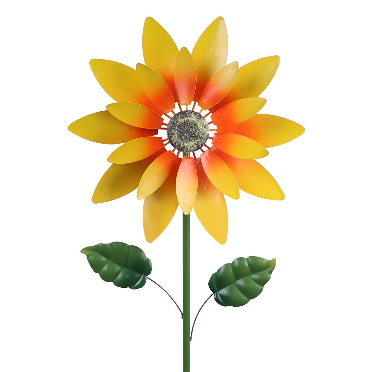 Hogardeck sunflower wind spinner assembly with two size blades spinning in light breeze for focal point