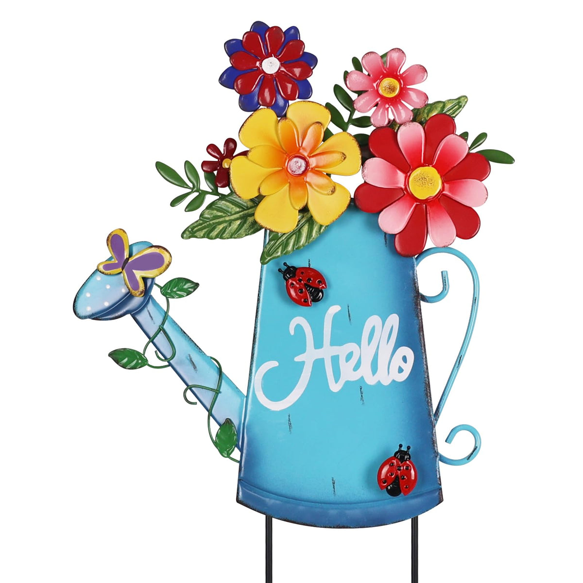 hogardeck watering-can garden stake with iron flowers brightens outdoor space
