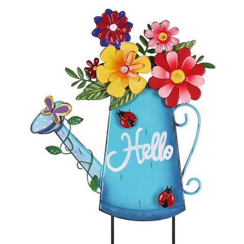 hogardeck watering-can garden stake with iron flowers brightens outdoor space