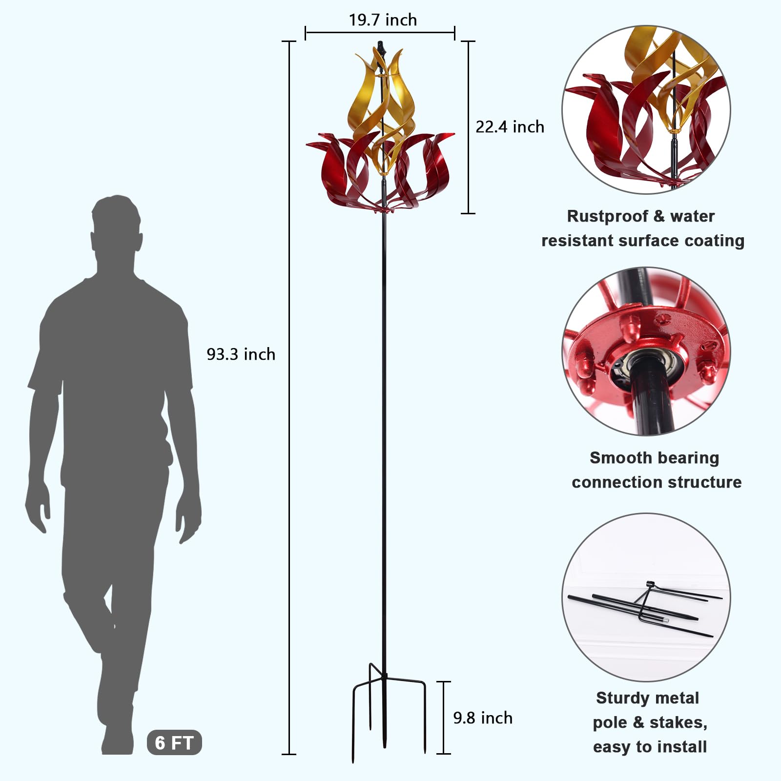 Hogardeck wind spinner with stake enables quick, secure outdoor setup.