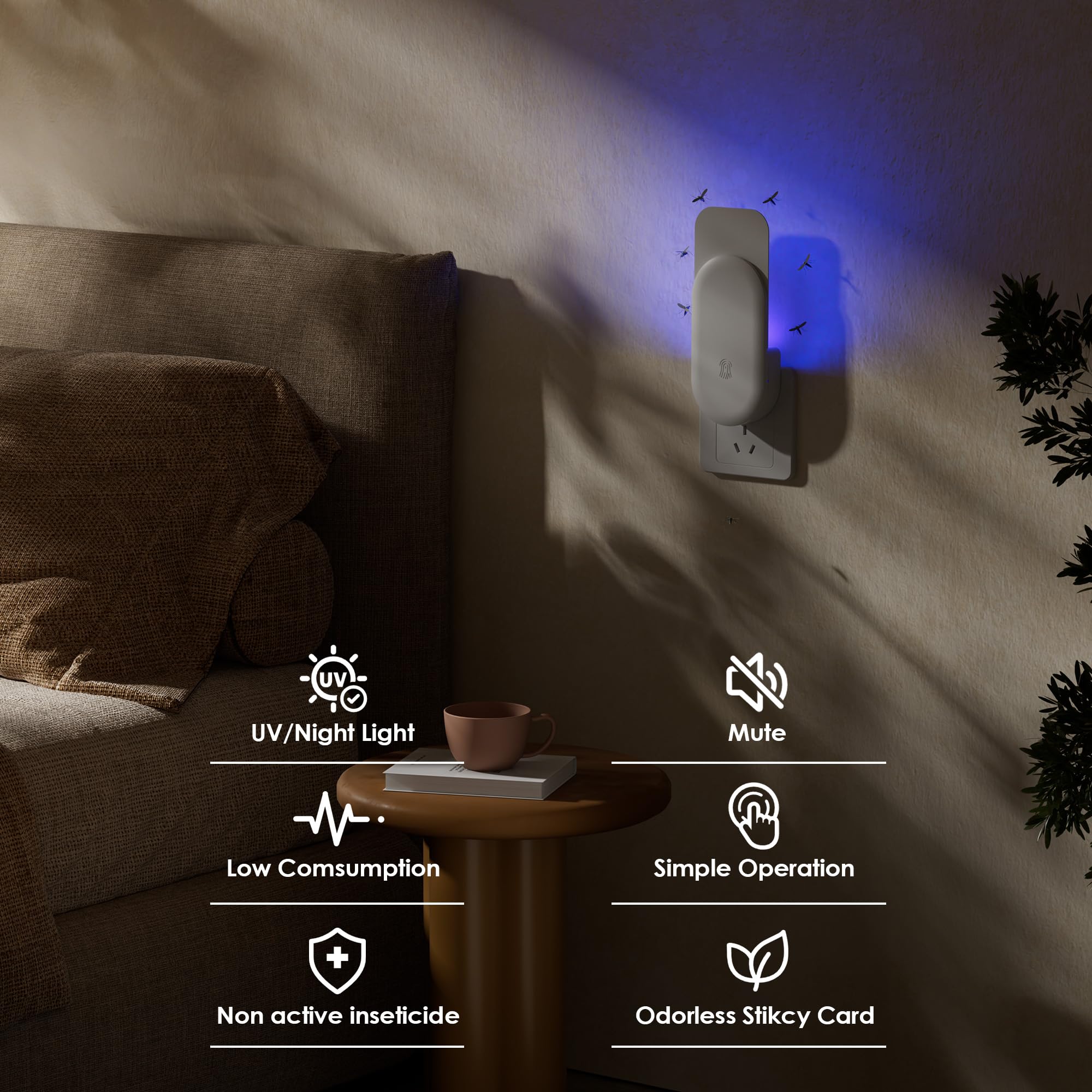 Hogius night-light mode provides gentle illumination while trapping flying insects.
