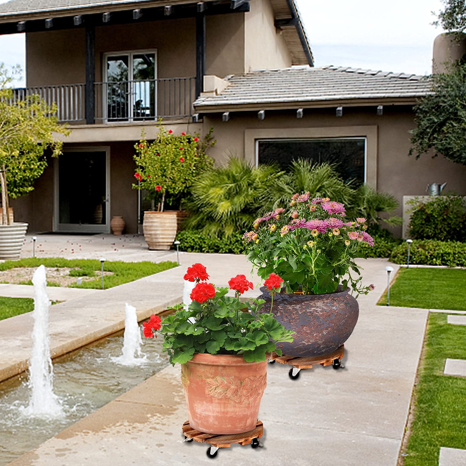 HOHY rustic charcoal plant dolly design adds subtle patio style