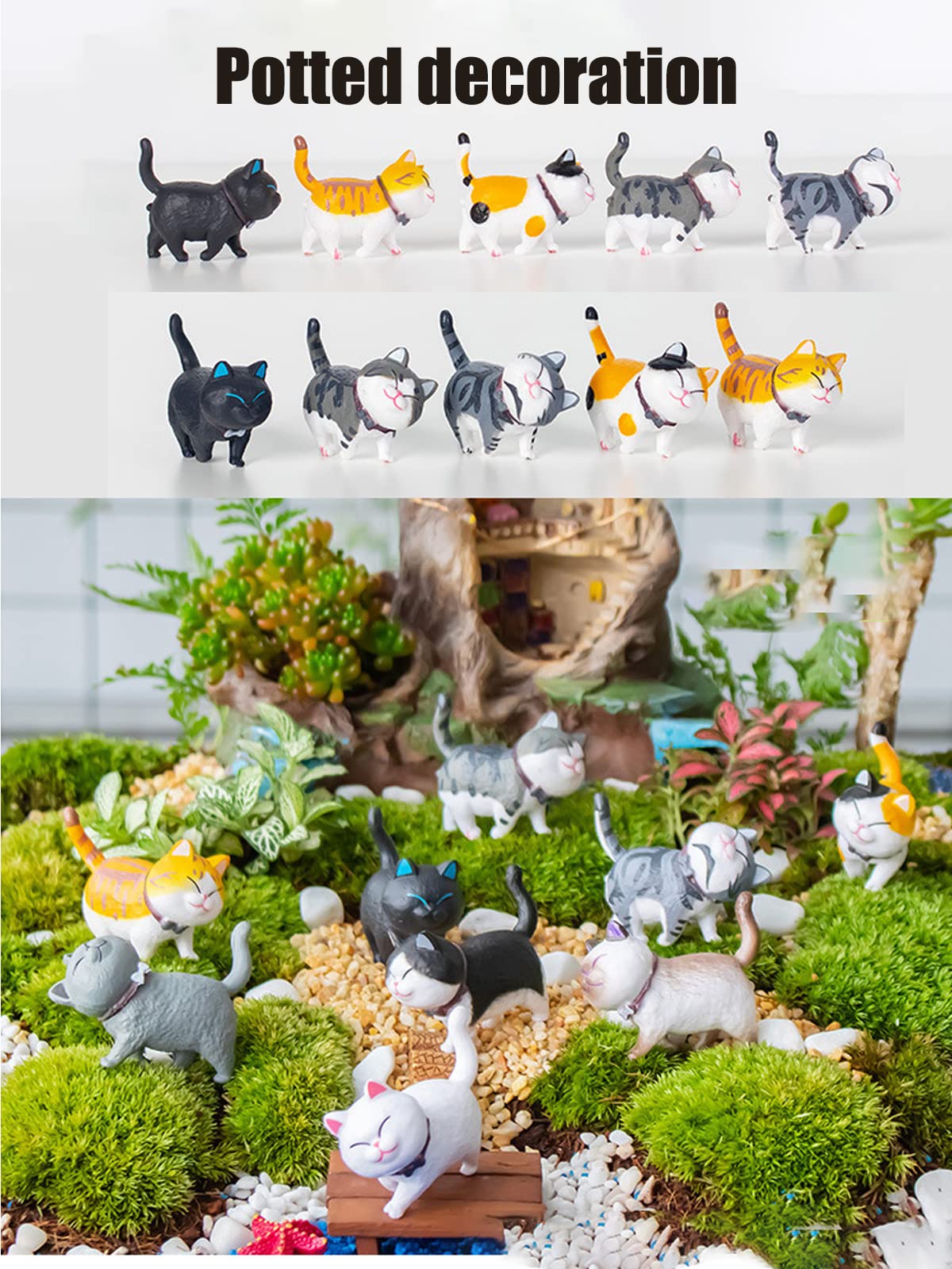 Miniature cats in fairy garden scenes for whimsical charm
