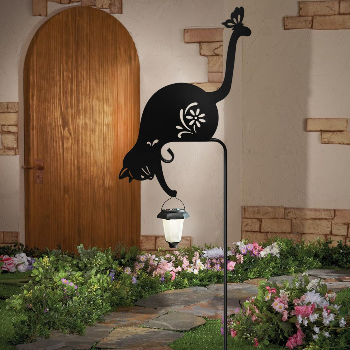 Hokfirm cat garden light stake with solar lantern lights a path at dusk