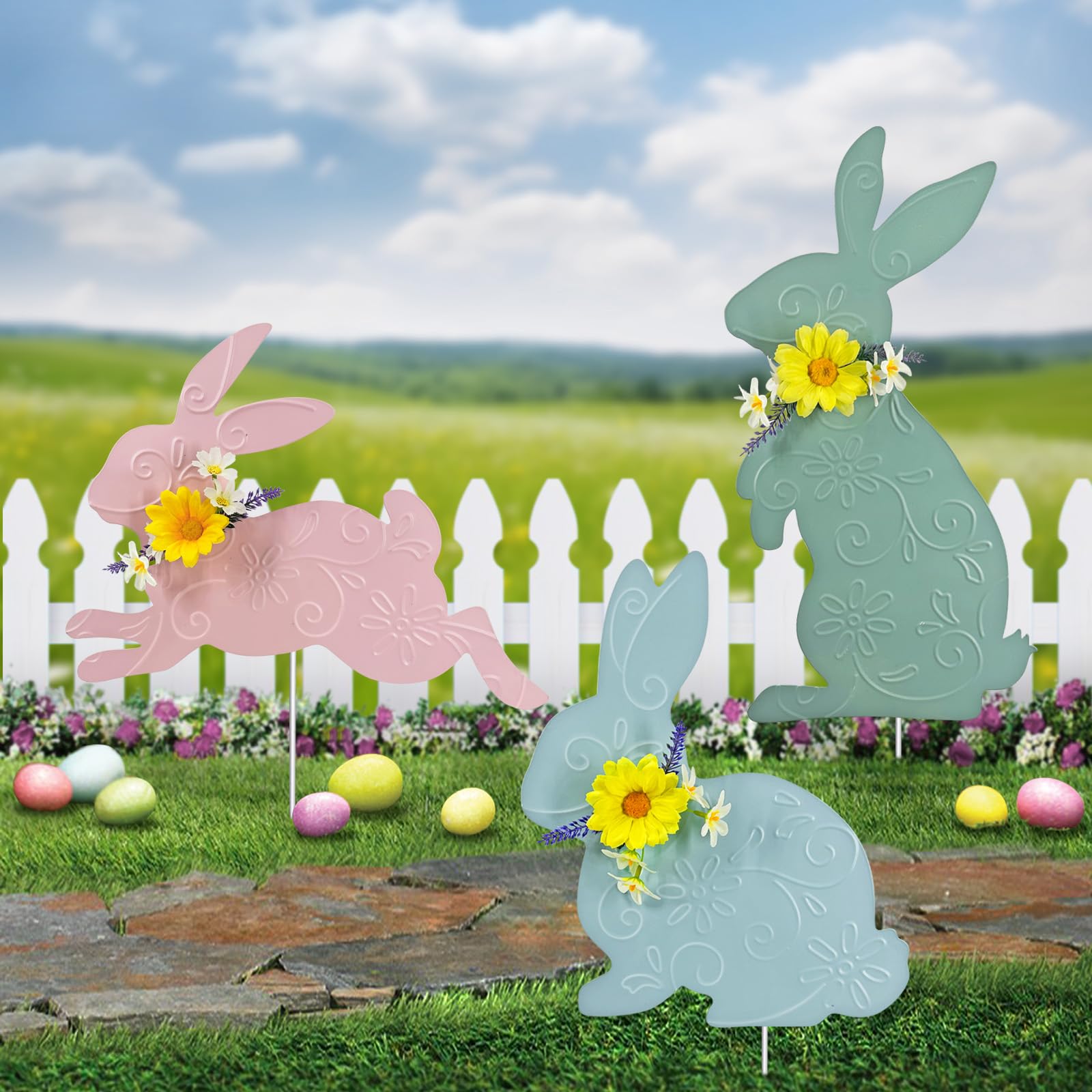 Hokfirm outdoor Easter decorations; 3-pack bunny yard stakes boost curb appeal.