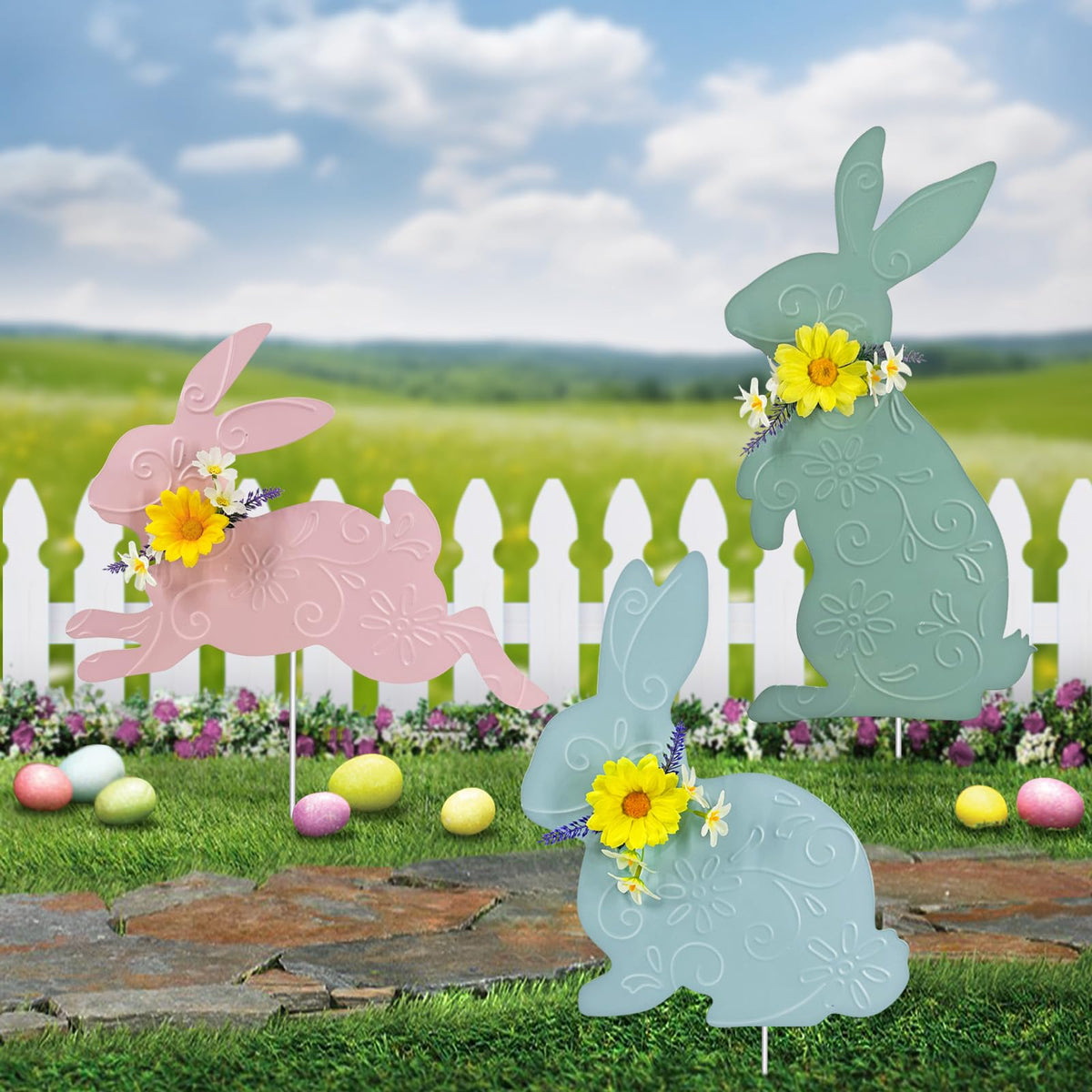 Hokfirm outdoor Easter decorations; 3-pack bunny yard stakes boost curb appeal.