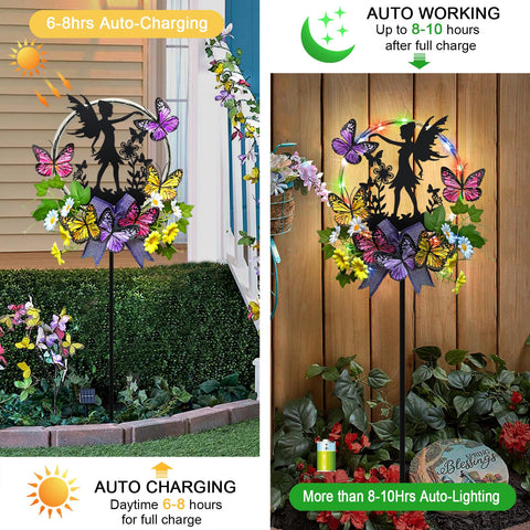 Hokfirm silhouette fairy with butterflies garden stake adds charm to your yard at dusk.